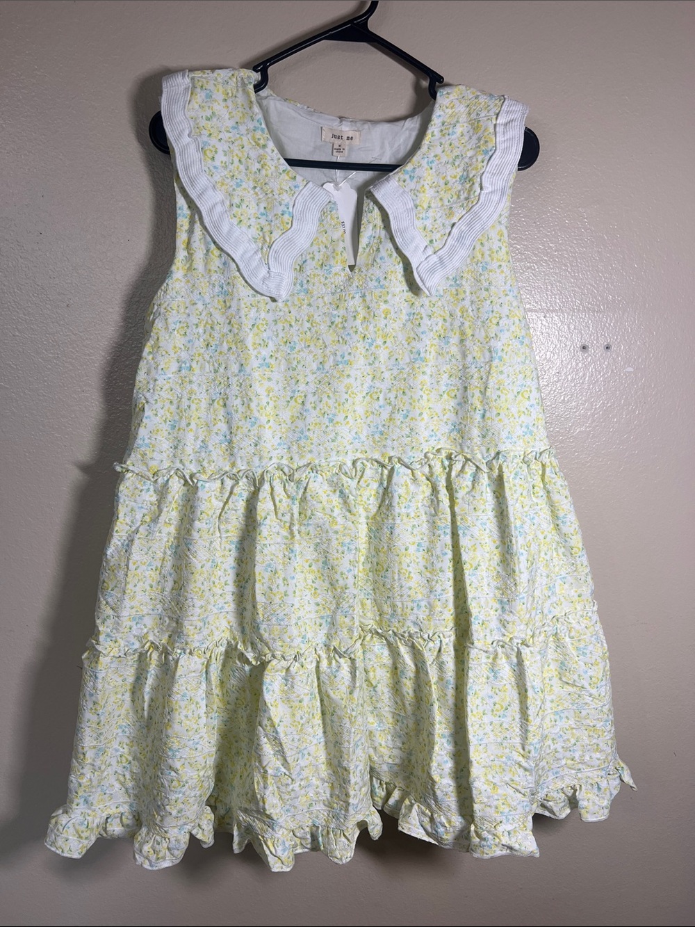 Just Me Pale Yellow Floral Ruffle Collar Tiered Mini Dress
